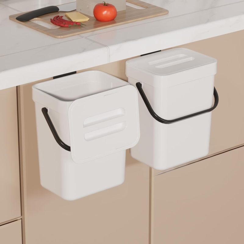 Small Trash Can: 2-Pack White Airtight Odor-Free - Compact Dual-Purpose Under Cabinet Trash Can for Small Kitchen Countertop Food Waste Disposal - Image 1