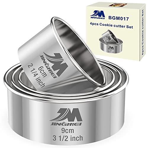M JINGMEI M JNGMEI 4 Pieces Stainless Steel Cookie Cutter Set 2.25inch, 2.75inch, 3.25inch,3.5inch Biscuit Plain Edge Round Cutters Sizes Shape Molds GIFT PACKAGE - Image 1