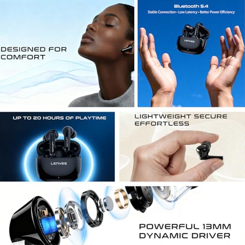 Lenyes AIR68 Wireless Earbuds | Bluetooth 5.4 | 20H Playtime | Hi‑Fi Bass Sound | Touch Controls | Scratch‑Resistant Case | Voice Assistant Support | Type‑C Fast Charging, Lightweight – Black - Image 4