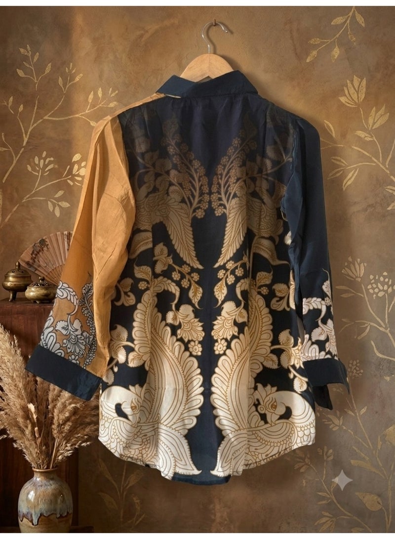 Colorblock Floral Paisley Print Shirt with Pearl Embellished Collar - black & Mustard - Image 2