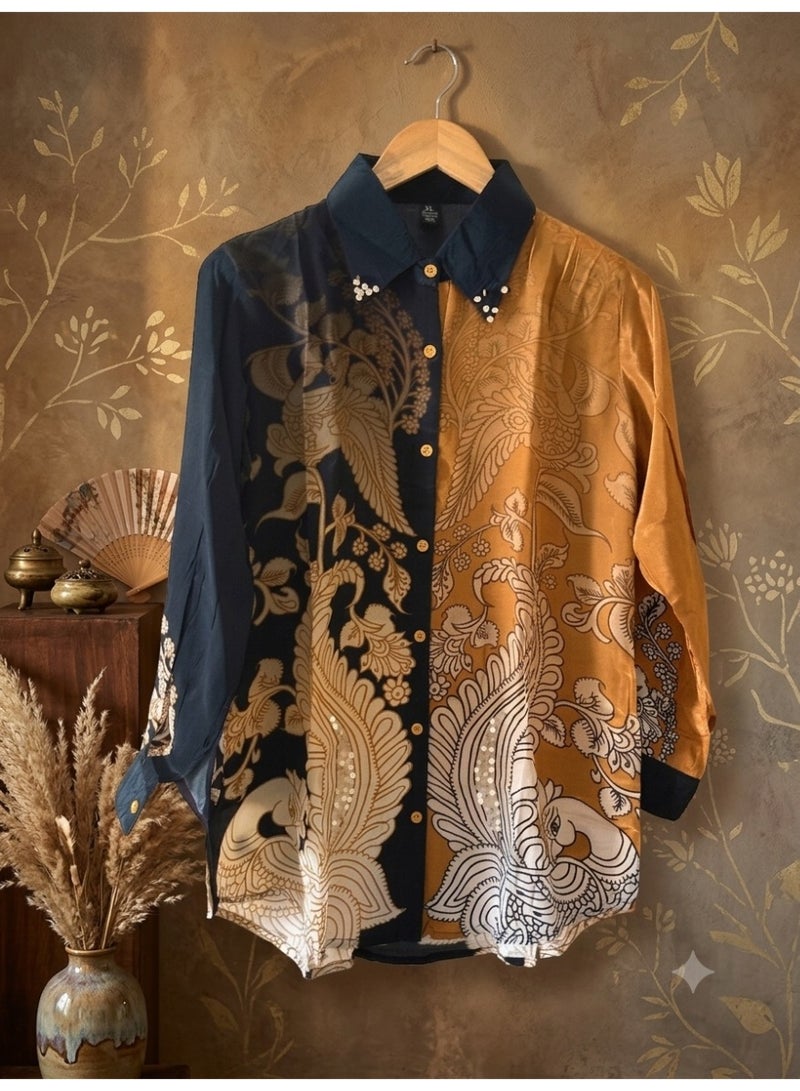 Colorblock Floral Paisley Print Shirt with Pearl Embellished Collar - black & Mustard - Image 1