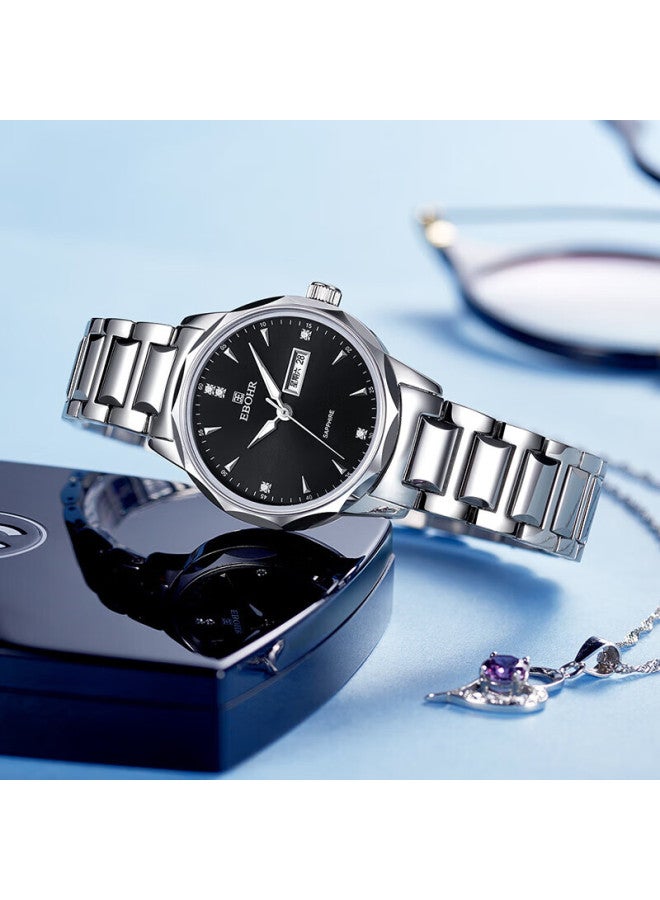 Ebohr Master Series Tungsten Steel Couple Watch Black Quartz Women'S Watch 56330120 - Image 1