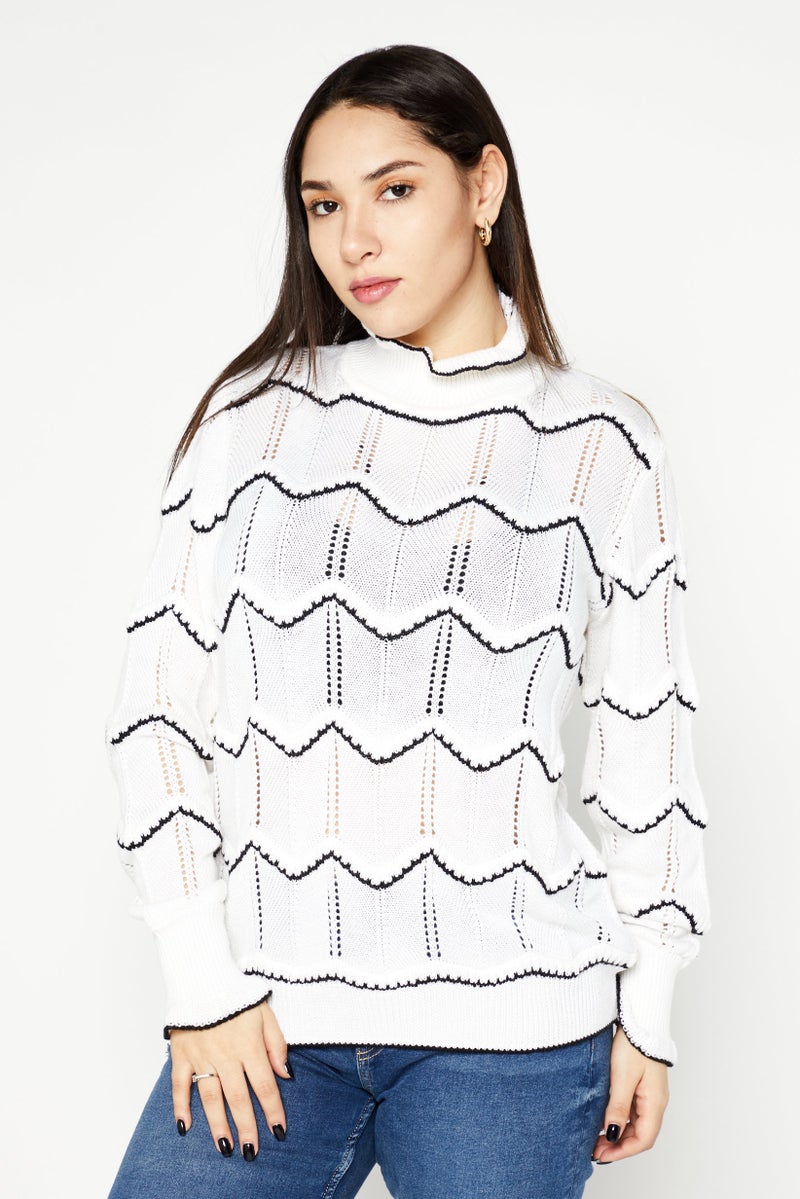 One Step Women Mock Neck Textured Sweater, Ivory - Image 1