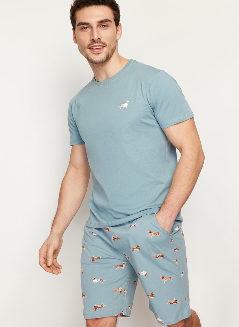 trendyol Unisex Blue 100% Cotton Regular Fit Printed Knitted Shorts Summer Pajama Set Thmss21Pt0920 - Image 1