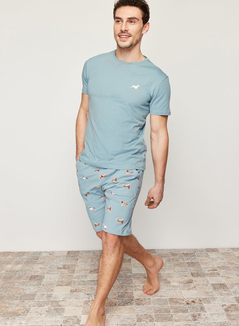 trendyol Unisex Blue 100% Cotton Regular Fit Printed Knitted Shorts Summer Pajama Set Thmss21Pt0920 - Image 2