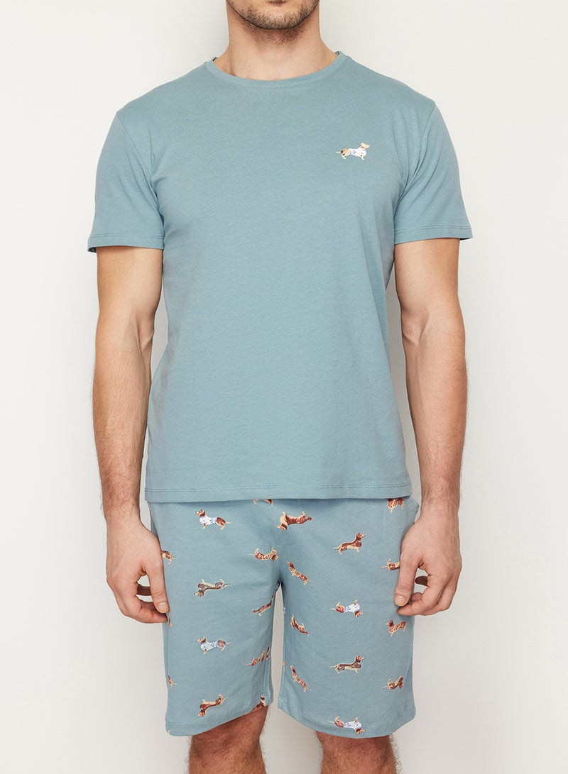 trendyol Unisex Blue 100% Cotton Regular Fit Printed Knitted Shorts Summer Pajama Set Thmss21Pt0920 - Image 4