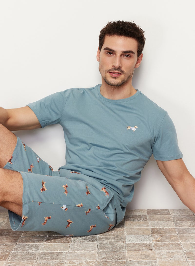 trendyol Unisex Blue 100% Cotton Regular Fit Printed Knitted Shorts Summer Pajama Set Thmss21Pt0920 - Image 3