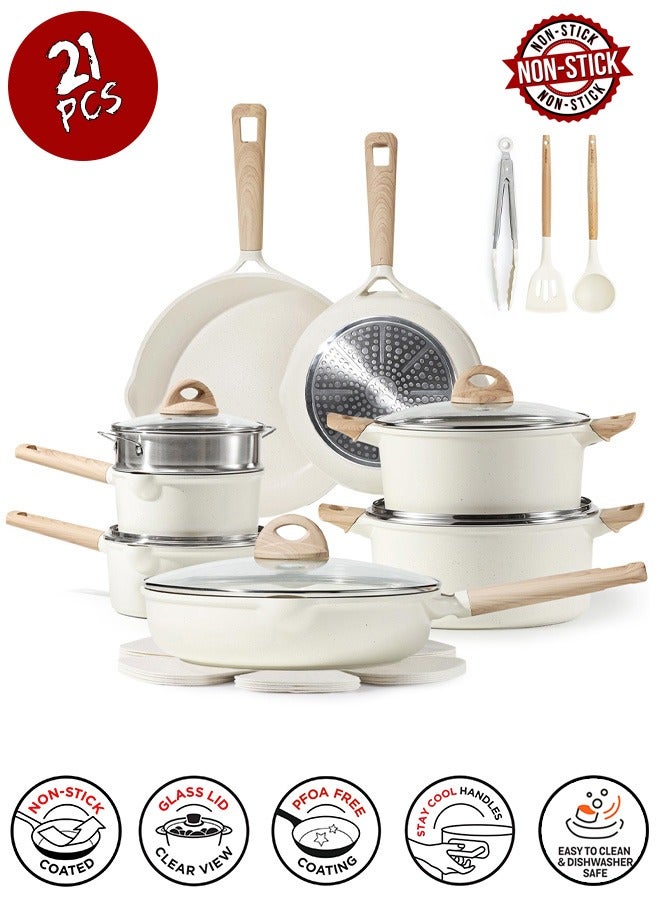 Taizz Ventures 21-Piece Nonstick Cookware Set, White Granite Induction Pots and Pans Set | Durable Nonstick Cooking Set with Frying Pans, Saucepans, White  - Image 1