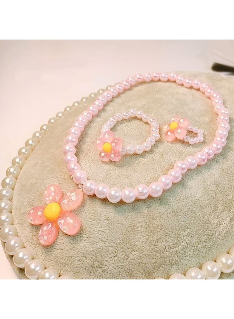 Goolsky Korean Kids Sunflower Pearl Jewelry Set – 3-Piece Necklace, Ring & Earrings for Girls, Cute Flower Accessories Gift