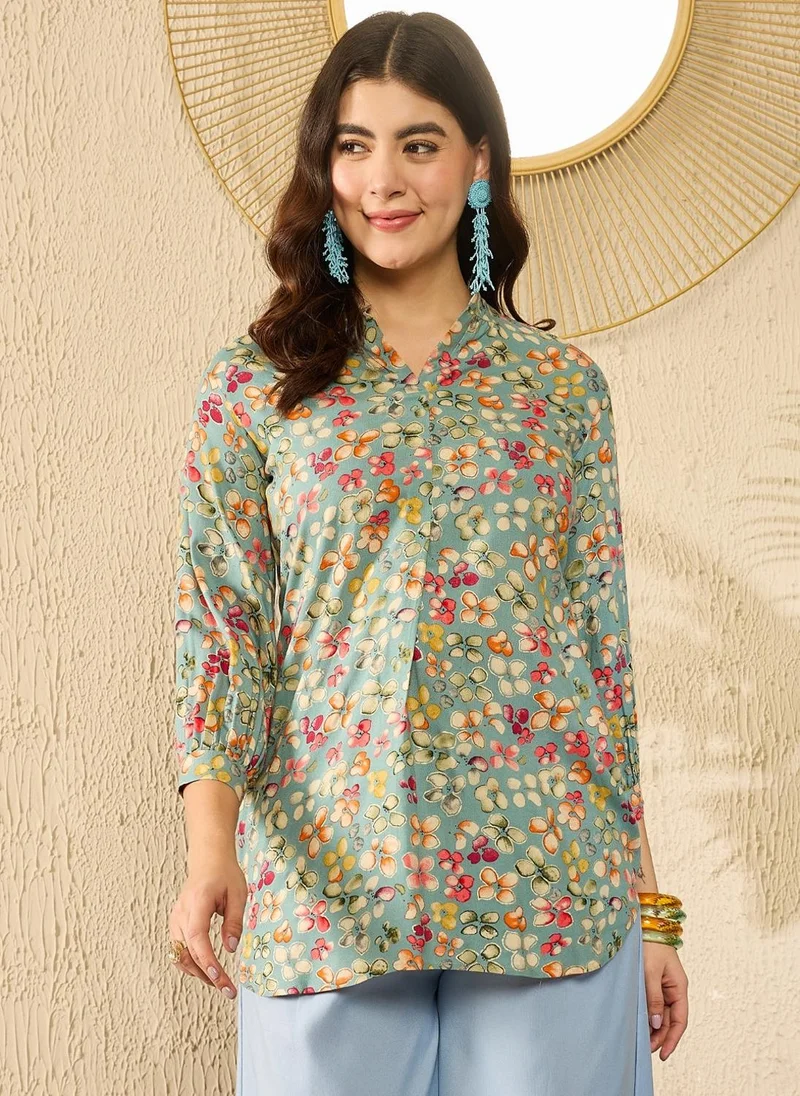 زيري سوق Blue Viscose Rayon Floral Printed Tunic Top
