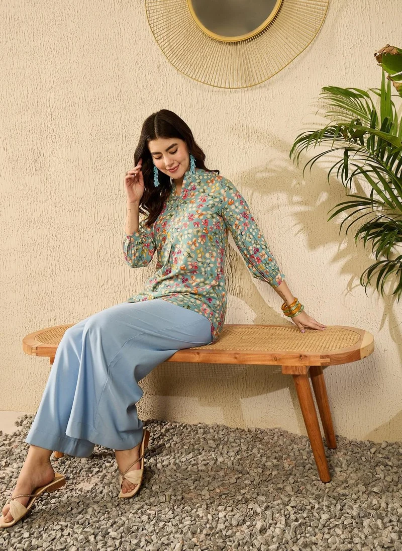 زيري سوق Blue Viscose Rayon Floral Printed Tunic Top
