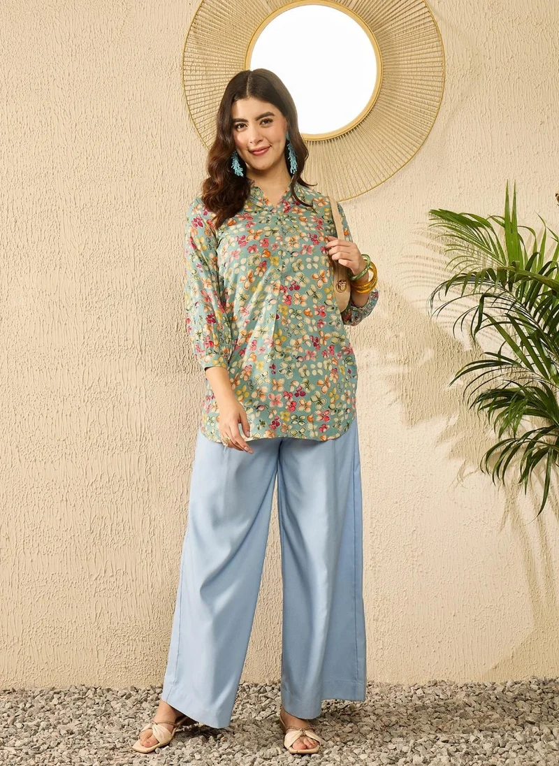 ZERESOUQ Blue Viscose Rayon Floral Printed Tunic Top