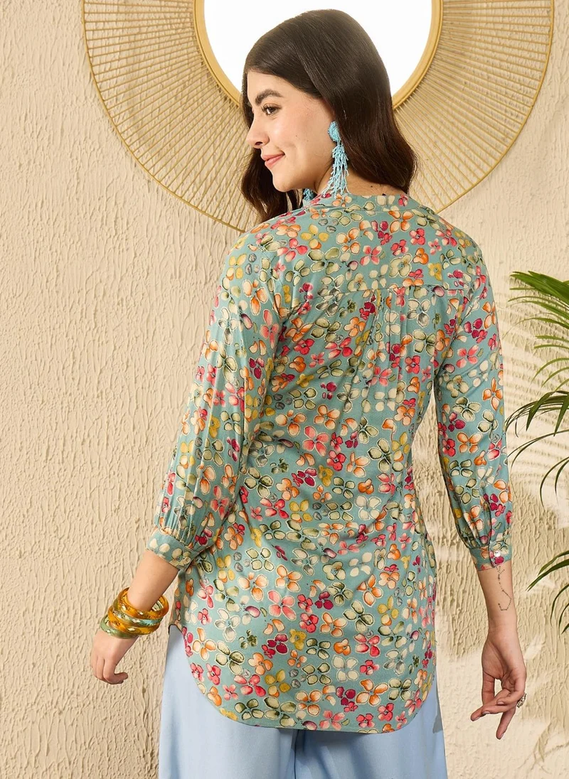 ZERESOUQ Blue Viscose Rayon Floral Printed Tunic Top