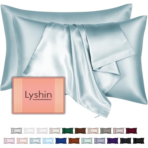 LYSHIN Silk Pillow Cases 2 Pack King Size with Hidden Zipper, Mulberry Silk Pillowcase for Hair and Skin, Smooth and Soft Breathable Cooling Silk Satin Pillowcase Set of 2, Gifts for Women，Haze Blue - Image 1