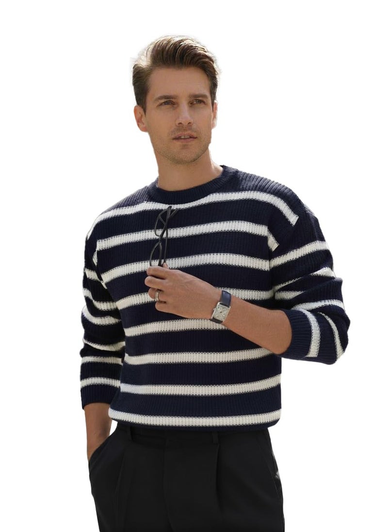 Pivl Men's Winter Round Neck Striped Sweater_Navy-L - Image 1