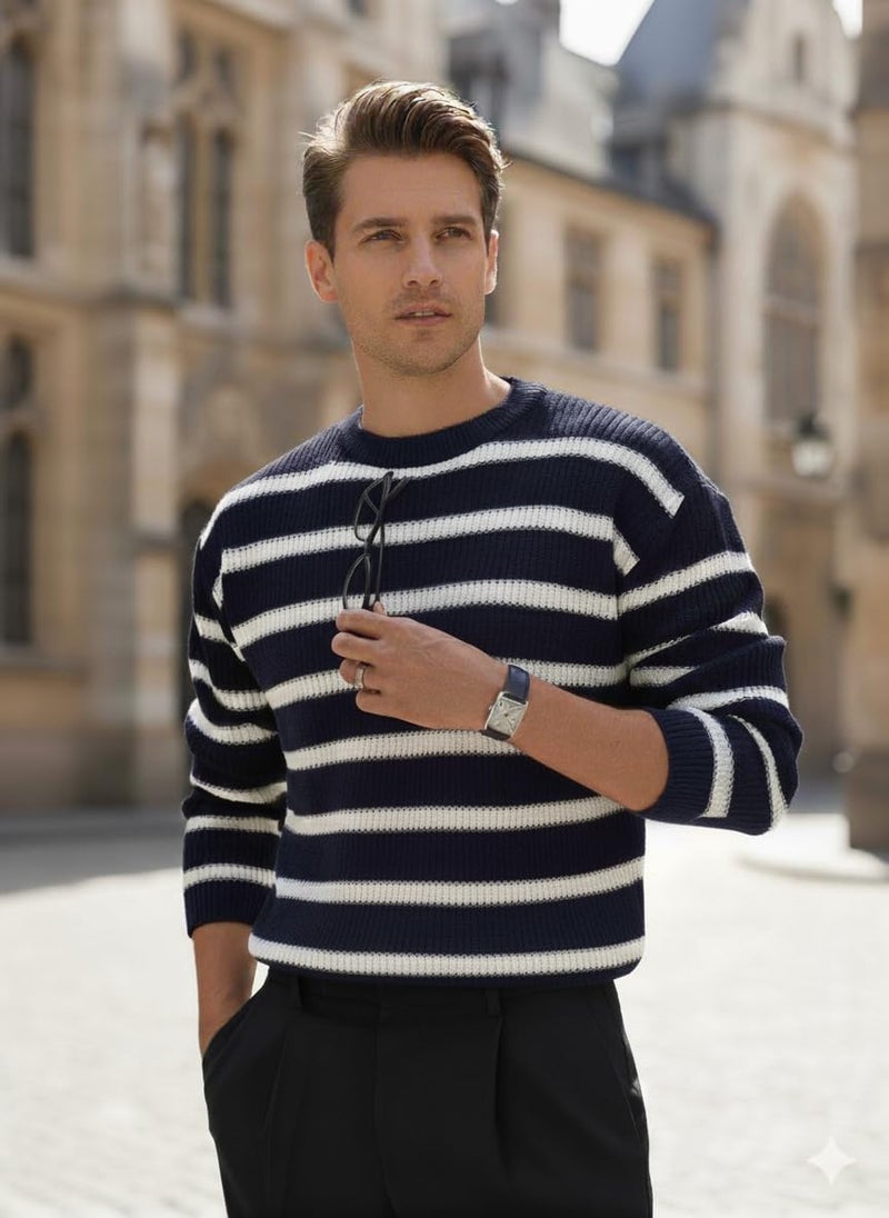 Pivl Men's Winter Round Neck Striped Sweater_Navy-L - Image 4