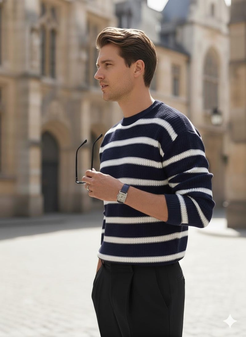 Pivl Men's Winter Round Neck Striped Sweater_Navy-L - Image 2