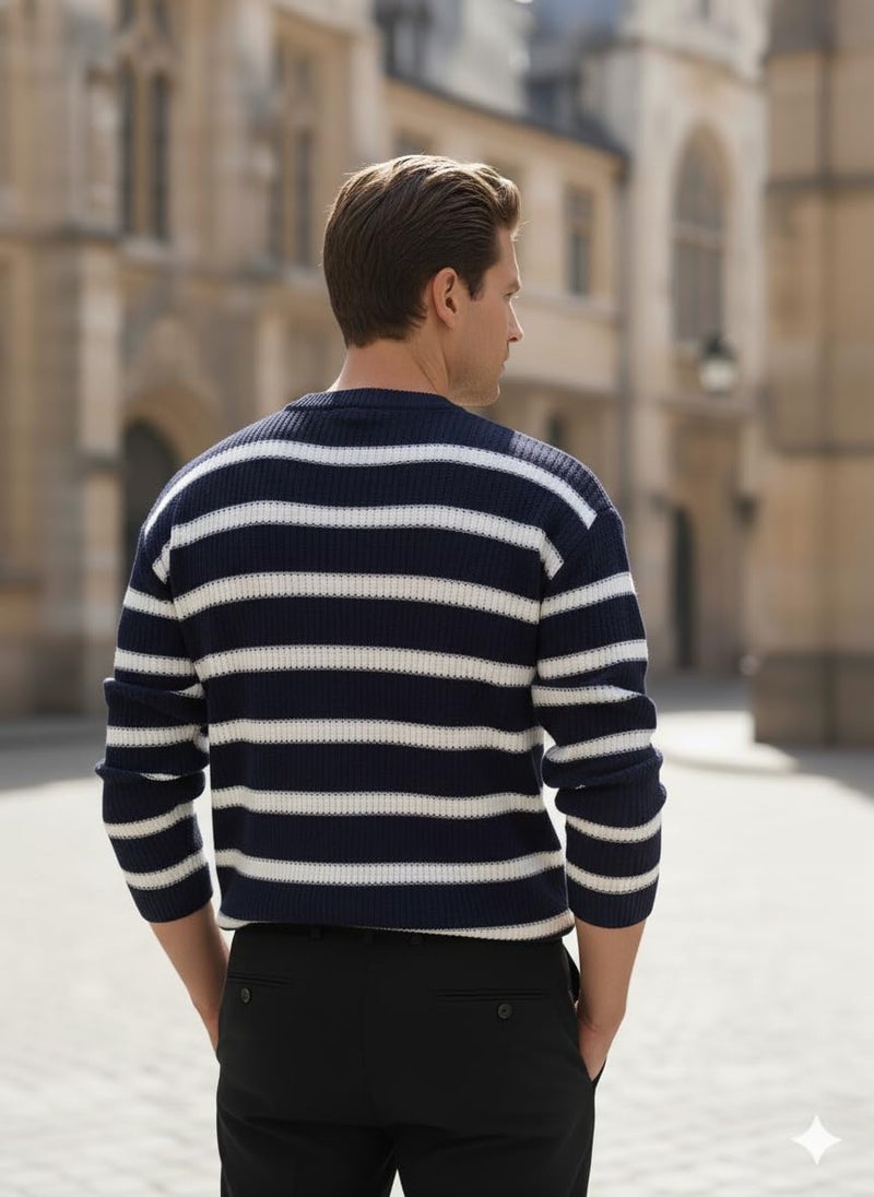 Pivl Men's Winter Round Neck Striped Sweater_Navy-L - Image 3
