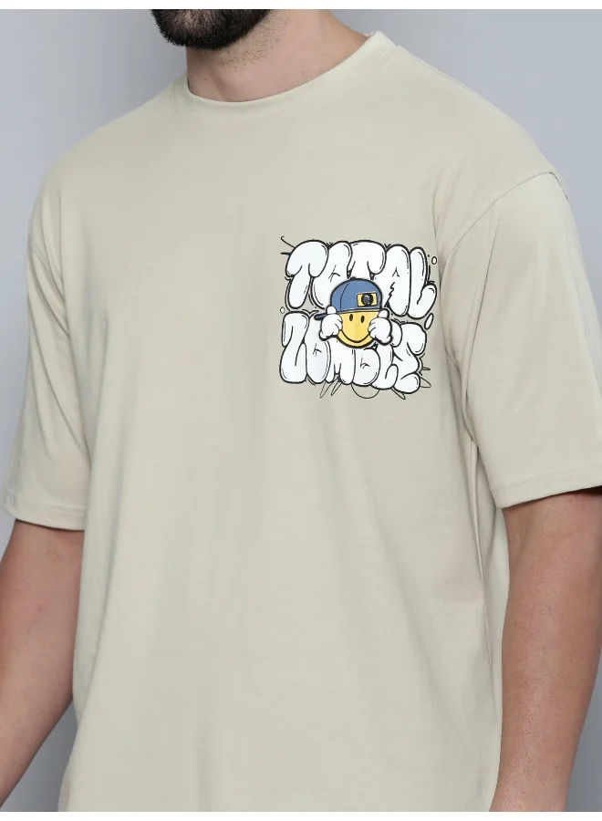 Maniac Zombie Printed Mens Round Neck 3/4th Sleeve Beige & White Cotton Oversized T-Shirt