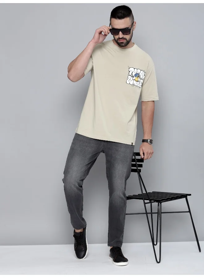Maniac Zombie Printed Mens Round Neck 3/4th Sleeve Beige & White Cotton Oversized T-Shirt