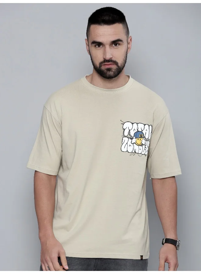 Maniac Zombie Printed Mens Round Neck 3/4th Sleeve Beige & White Cotton Oversized T-Shirt