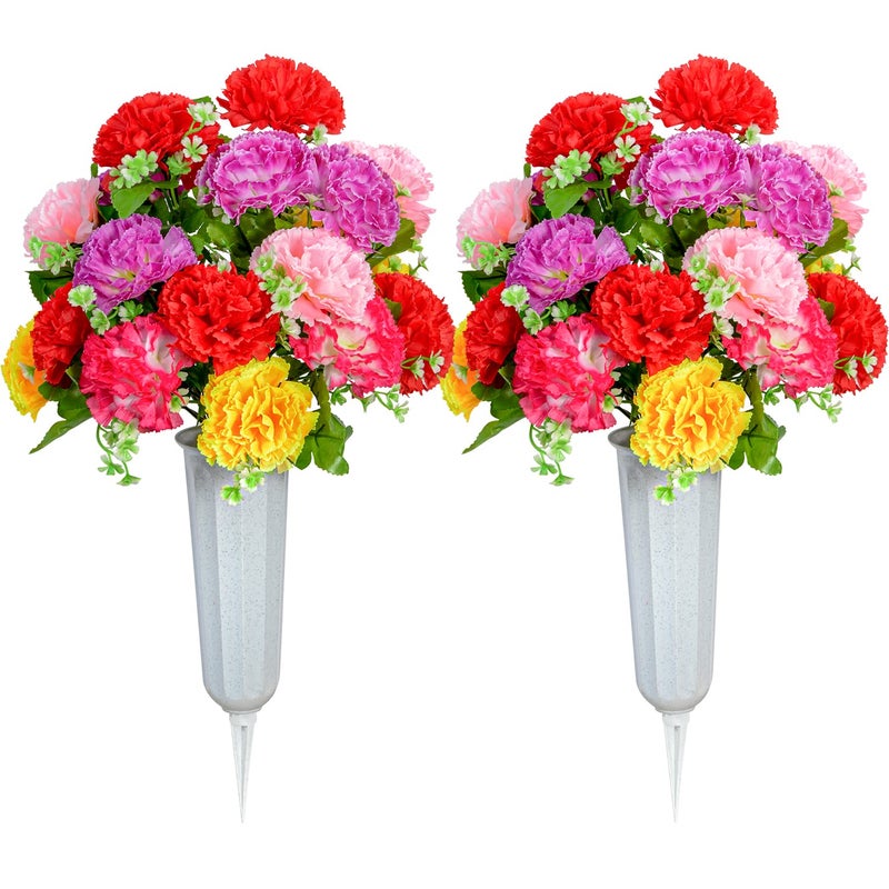 XONOR Cemetery Flowers Set of 2 Artificial Carnation Bouquet Grave Memorial Flowers with Vase for Cemetery Headstones Decoration Carnation