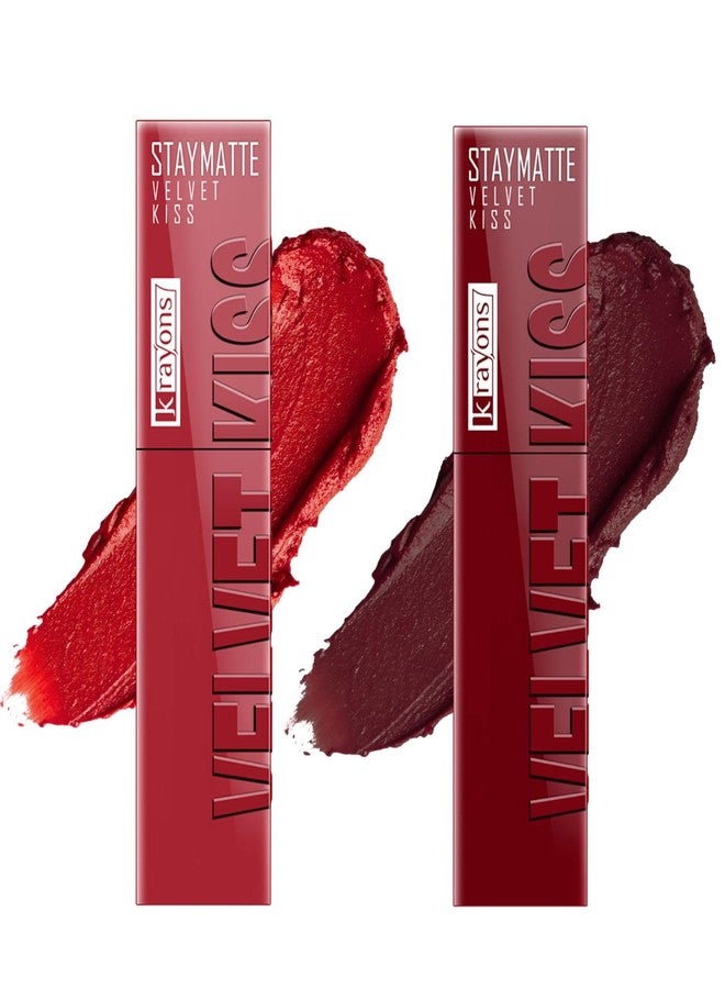Krayons Velvet Kiss Liquid Matte Lipstick |12hrs long stay|Intense Color Payoff | Smudgeproof & Transferproof Lipstick for Women (Scarlet Red,Wow Maroon, Pack of 2) - Image 1