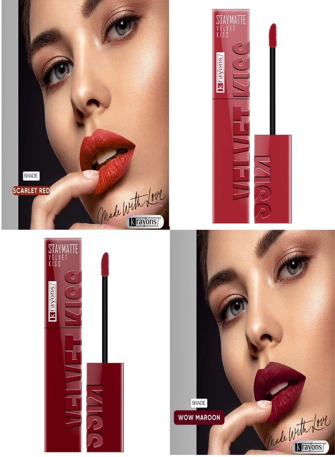 Krayons Velvet Kiss Liquid Matte Lipstick |12hrs long stay|Intense Color Payoff | Smudgeproof & Transferproof Lipstick for Women (Scarlet Red,Wow Maroon, Pack of 2) - Image 3