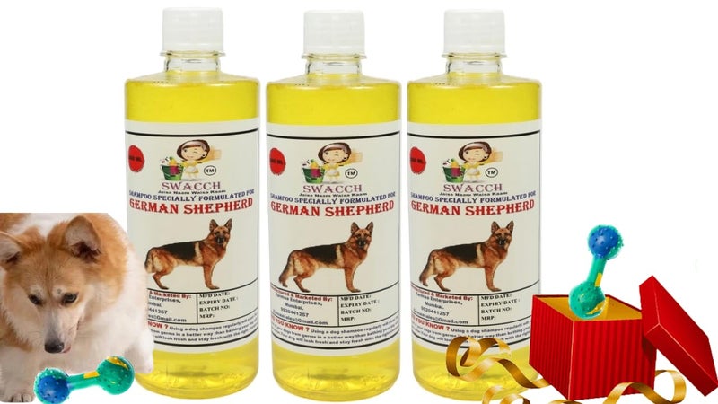 swacch German Shepherd Dog Shampoo + Dumbbell Toy I Durable Rubber Dog Toy for Chewing I Playing,Teeth Cleaning & Training Toy I Combo Pack I 500ml Pack of 3 Lemon - Image 1