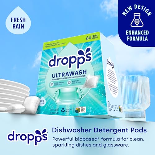 Dropps UltraWash Dishwasher Pods Fresh Rain 64 Count Biobased Power Deep Clean Dishwasher Detergent Tablets for Sparkling Shiny Dishes No Rinse Aid or PreWash Needed Dishwashing Pods - Image 5
