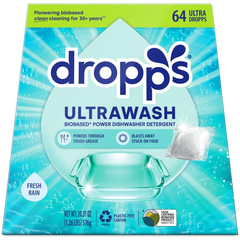 Dropps UltraWash Dishwasher Pods Fresh Rain 64 Count Biobased Power Deep Clean Dishwasher Detergent Tablets for Sparkling Shiny Dishes No Rinse Aid or PreWash Needed Dishwashing Pods - Image 3