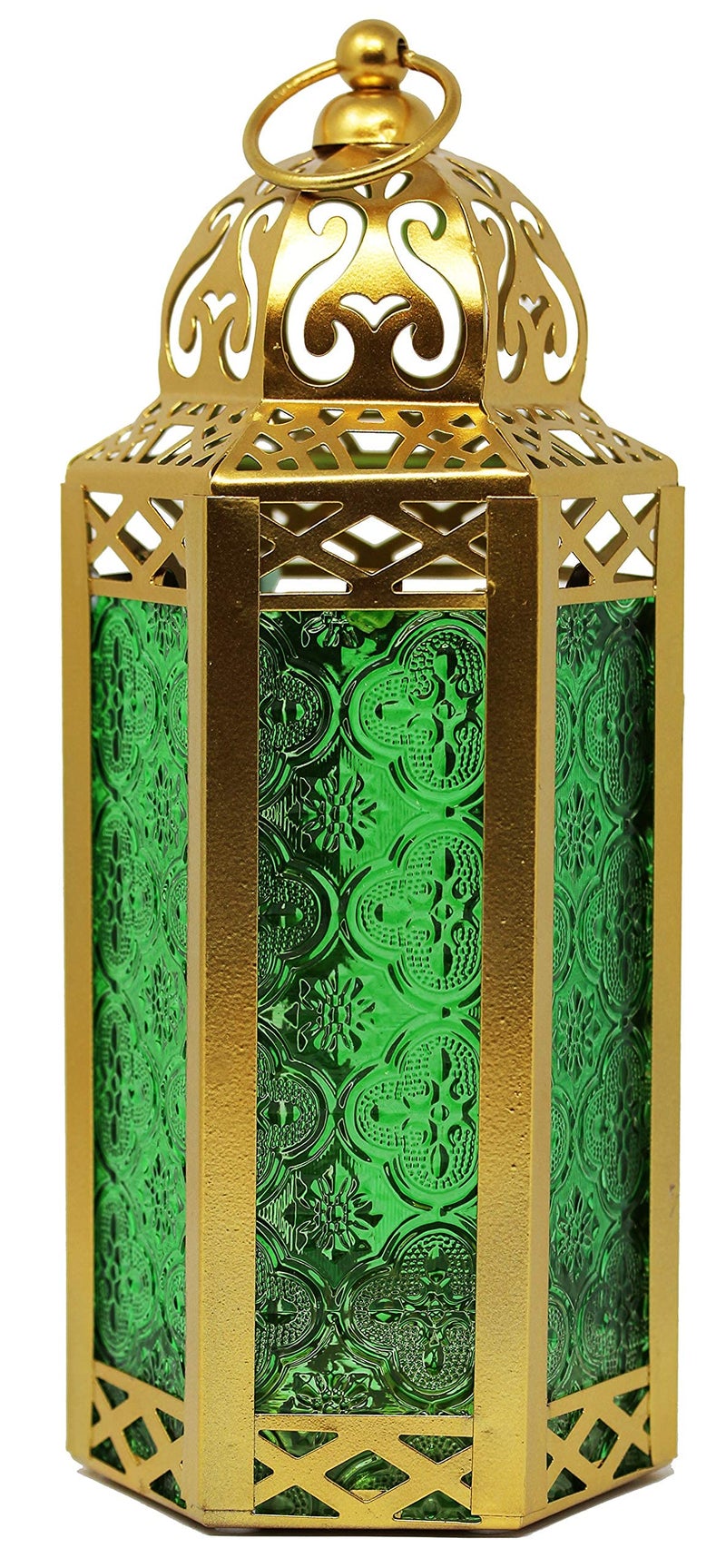 VELA LANTERNS 105 Gold Moroccan Candle Lantern Decorative Candle Holder Lamp for Table or Hanging Ramadan Decorations Indoor Home Decor Outdoor Patio or Porch Weddings Green Glass Medium