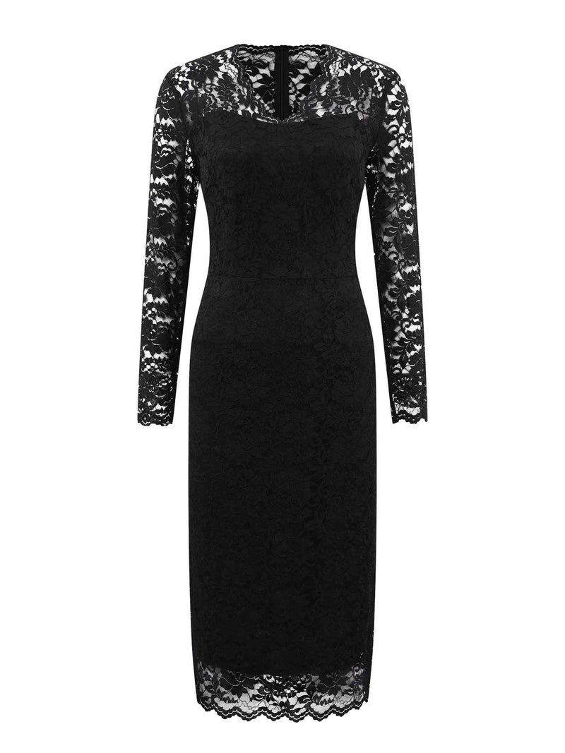 Hobemty Women's Floral Lace Dress V Neck Long Sleeve Cocktail Wedding Bodycon Pencil Dresses X-Large Black - Image 1