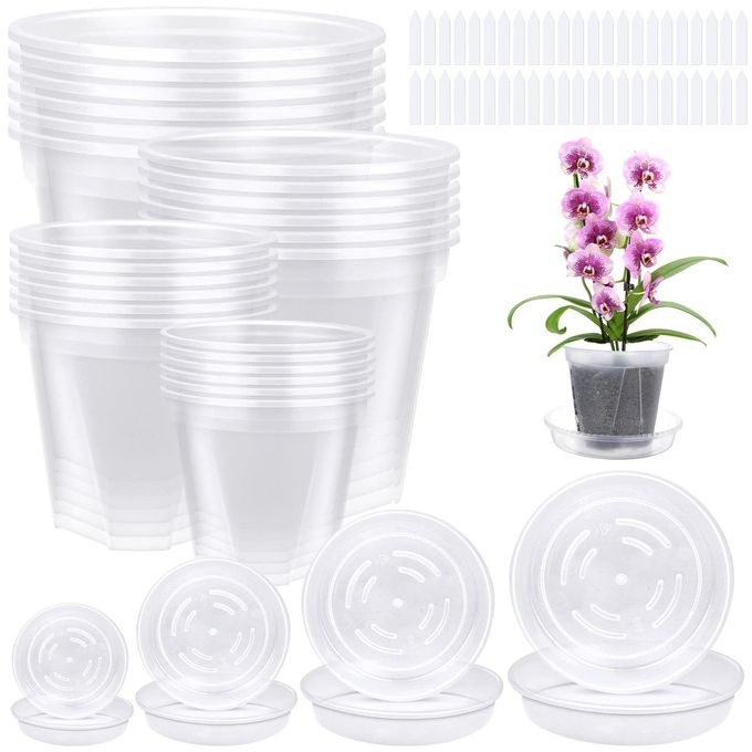 Ioffersuper 18Pack Nursery Pots Clear Pots with 18 Tray 4 Sizes Plastic Pots for Transplant and Seedlings Starter Plants Planting Pots 100 Pcs of Plant Labels
