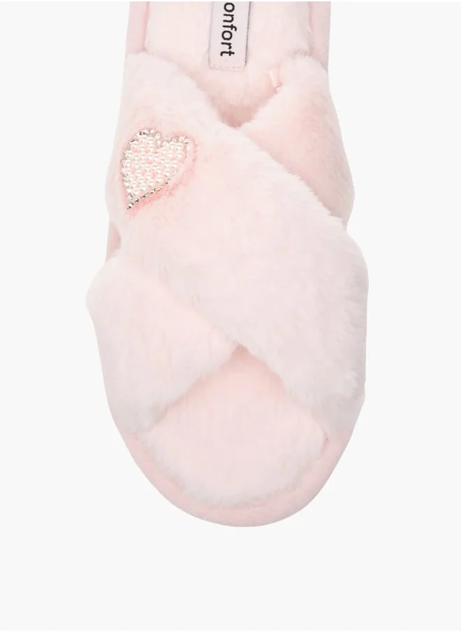لو كونفورت Womens Faux Fur Cross Strap Bedroom Slides