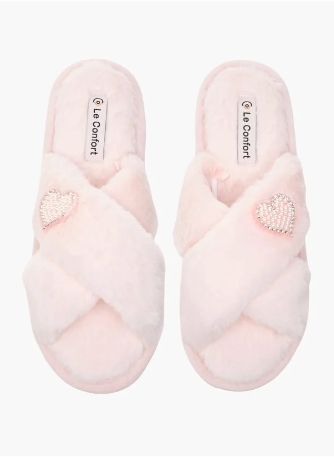 لو كونفورت Womens Faux Fur Cross Strap Bedroom Slides