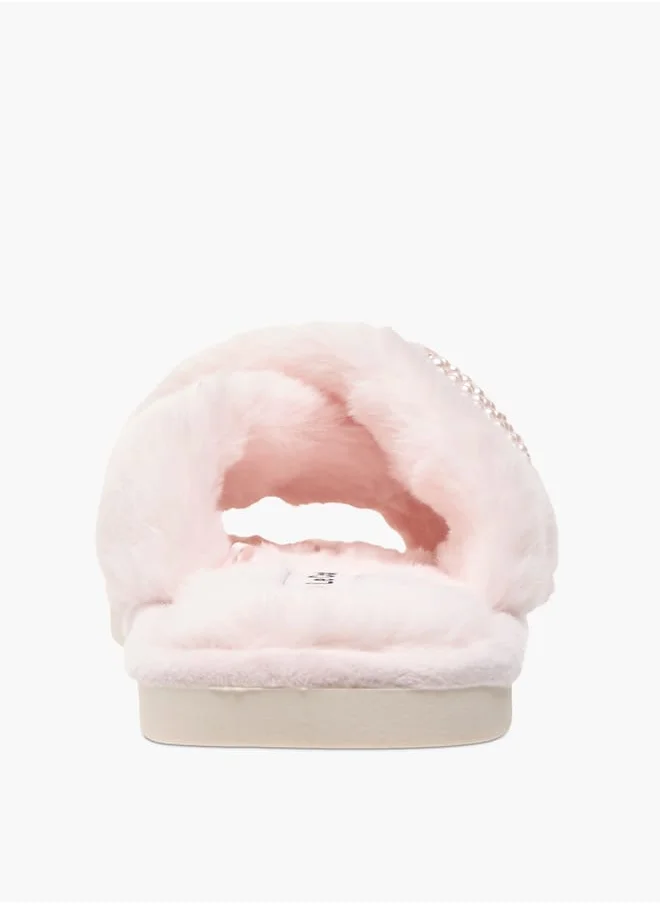 لو كونفورت Womens Faux Fur Cross Strap Bedroom Slides