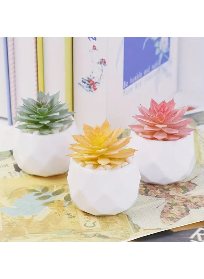 Mis Aman 3Pcs Miniature Realistic Succulent Plants Indoor Faux House Plants Round White Geometric Pot - Image 2