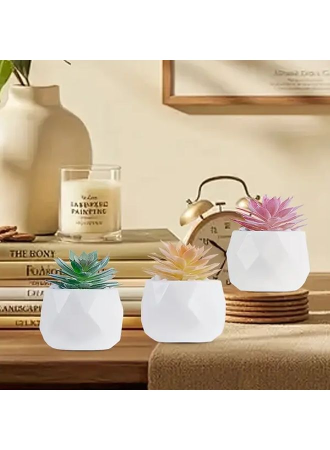 Mis Aman 3Pcs Miniature Realistic Succulent Plants Indoor Faux House Plants Round White Geometric Pot - Image 5