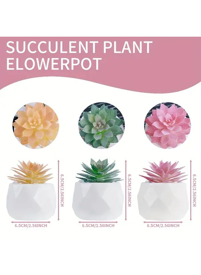 Mis Aman 3Pcs Miniature Realistic Succulent Plants Indoor Faux House Plants Round White Geometric Pot - Image 3