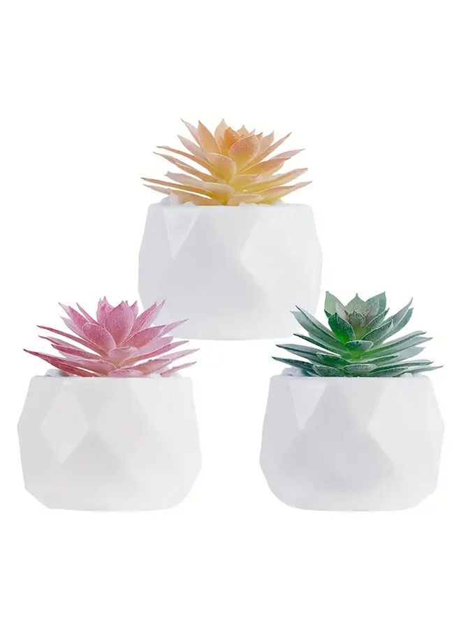Mis Aman 3Pcs Miniature Realistic Succulent Plants Indoor Faux House Plants Round White Geometric Pot - Image 1