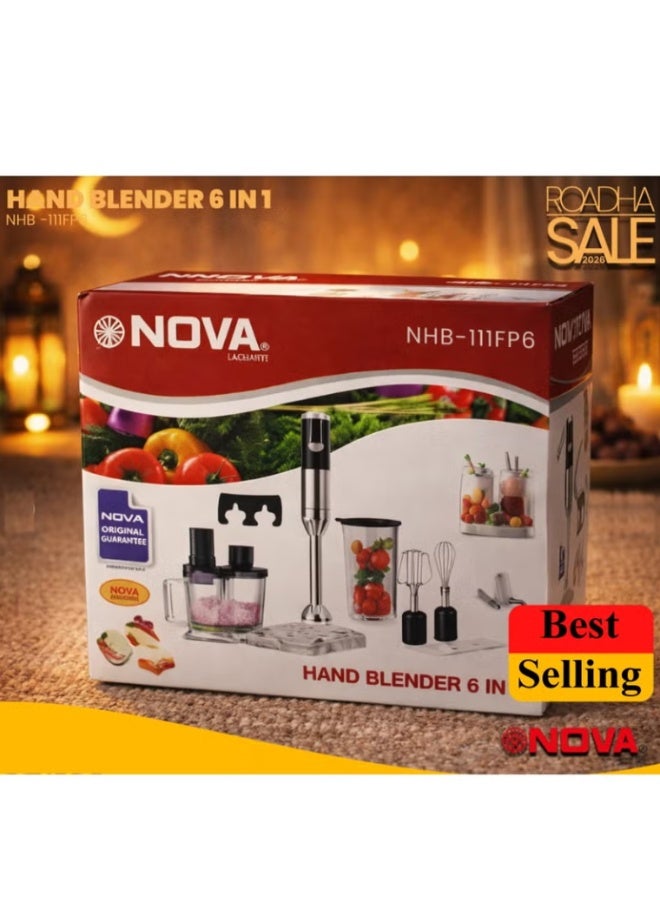 Nova 800W 6-in-1 Hand Blender with 1500ml Chopper, 600ml Beaker, Egg Whisk & Dough Hooks, Stainless Steel Immersion Blender, Adjustable Speed for Smoothies, Soups, Baby Food & More - Image 1
