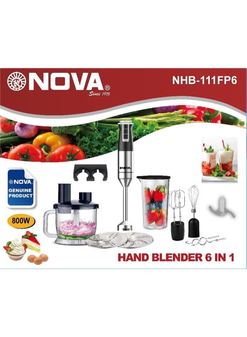 Nova 800W 6-in-1 Hand Blender with 1500ml Chopper, 600ml Beaker, Egg Whisk & Dough Hooks, Stainless Steel Immersion Blender, Adjustable Speed for Smoothies, Soups, Baby Food & More - Image 2
