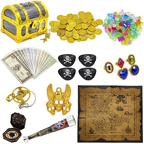 Dronside 182 Pieces Kids Golden Frame Pirate Treasure Chest Toy Set with Lock Map Coins Gems Earrings Rings Eye Patch Compass Telescope Play Paper Money for Role Play Treasure Hunting Game for Kids - Image 1