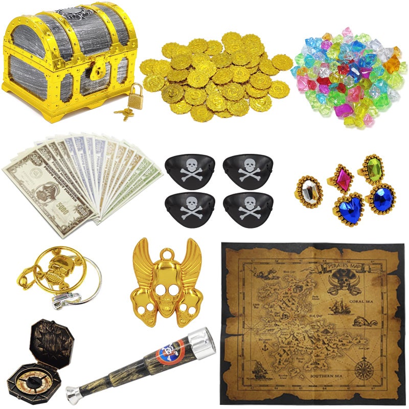 Dronside 182 Pieces Kids Golden Frame Pirate Treasure Chest Toy Set with Lock Map Coins Gems Earrings Rings Eye Patch Compass Telescope Play Paper Money for Role Play Treasure Hunting Game for Kids - Image 3