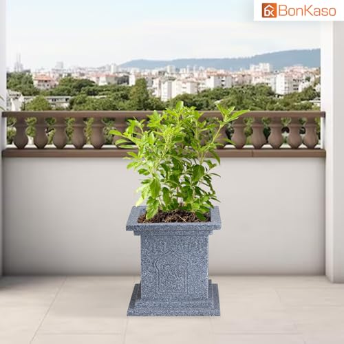 BonKaso Tulsi Pot 8 Inch | Traditional Stone Finish German Polymer Planter for Indoor/Outdoor Use | Perfect Gamla/Pot for Home, Pooja Decor, Balcony, Garden | Durable & Weather-Resistant (Light Grey) - Image 5