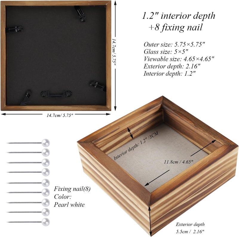 1DOT2 5x5 Small Shadow Box Frame Display Case, Grade A Natural Pine Wood HD Glass Front Soft Linen Back, 1.2 inches Interior Depth-Carbonized Black - Image 3
