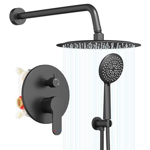 Gabrylly Black Shower System, Pressure Balance Shower Faucet Set, 12" Stainless Steel Rain Shower head with 5-Mode Handheld Shower Spray Combo,High Pressure Rainfall Shower Head Set, Matte Black - Image 1
