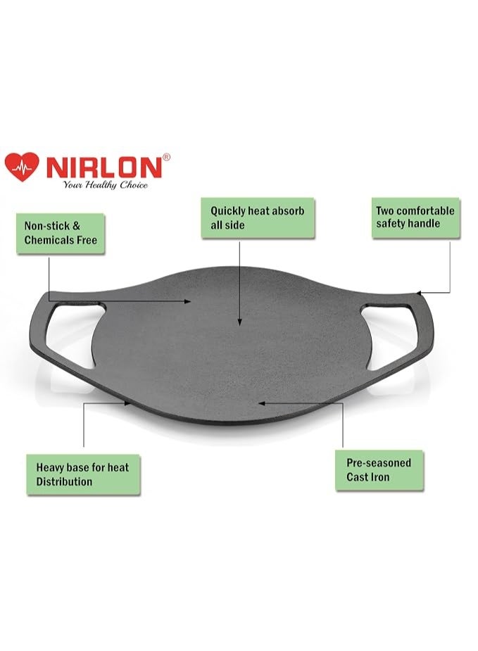 NIRLON Pre-Seasoned Cast Iron Concave Tawa/Roti Tawawith Double Handle | 24cm| Gas & Induction Friendly | Naturally Nonstick, 100% Pure & Toxin-Free, No Chemical Coating - Image 2