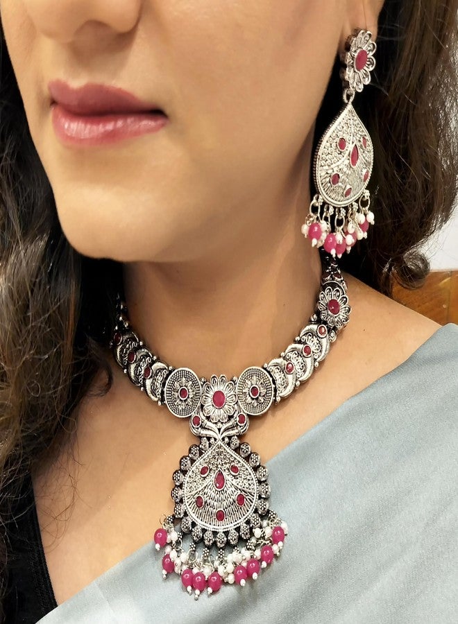 Efulgenz Indian Oxidized Jewelry for Navratri Choker Necklace and Earrings with Maangtikka Indian Oxidized Jewelry Set for Women Antique Bohemian Faux Pearl Red Crystal Stone Peacock Necklace Earrings Set Wedding Bridal Fashion Jewelry - Image 3